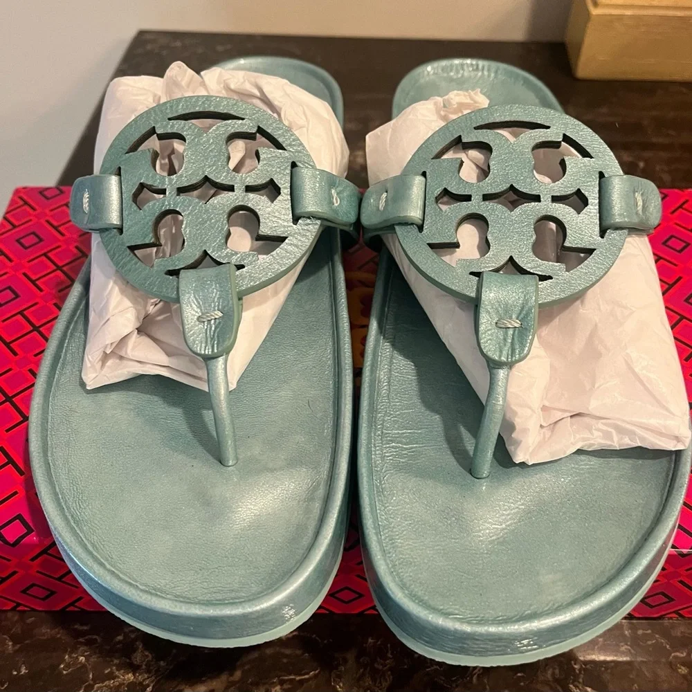 Tory Burch Miller Cloud Sandals metallic blue 10 Audrey Blue $225 - Picture 6 of 8